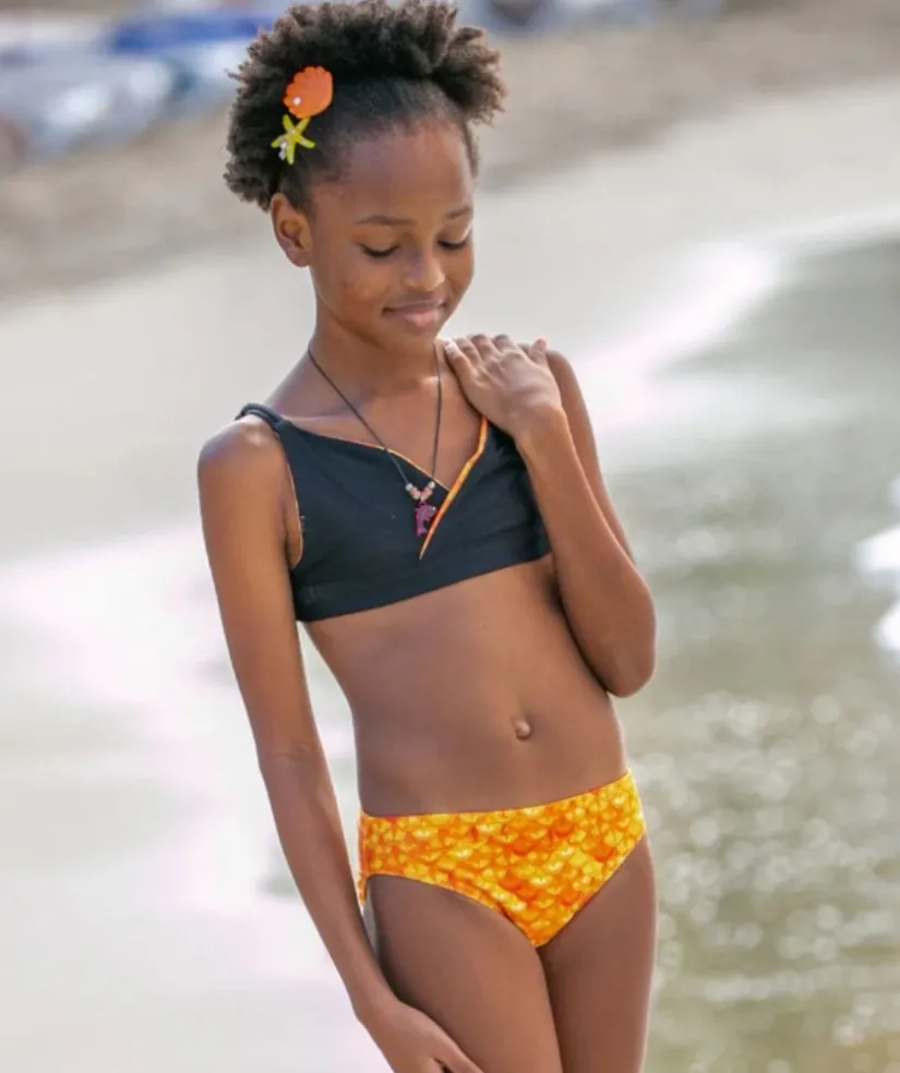 Discount Fin Fun havfrue bikini top til piger uden flæser - Tropical Sunrise