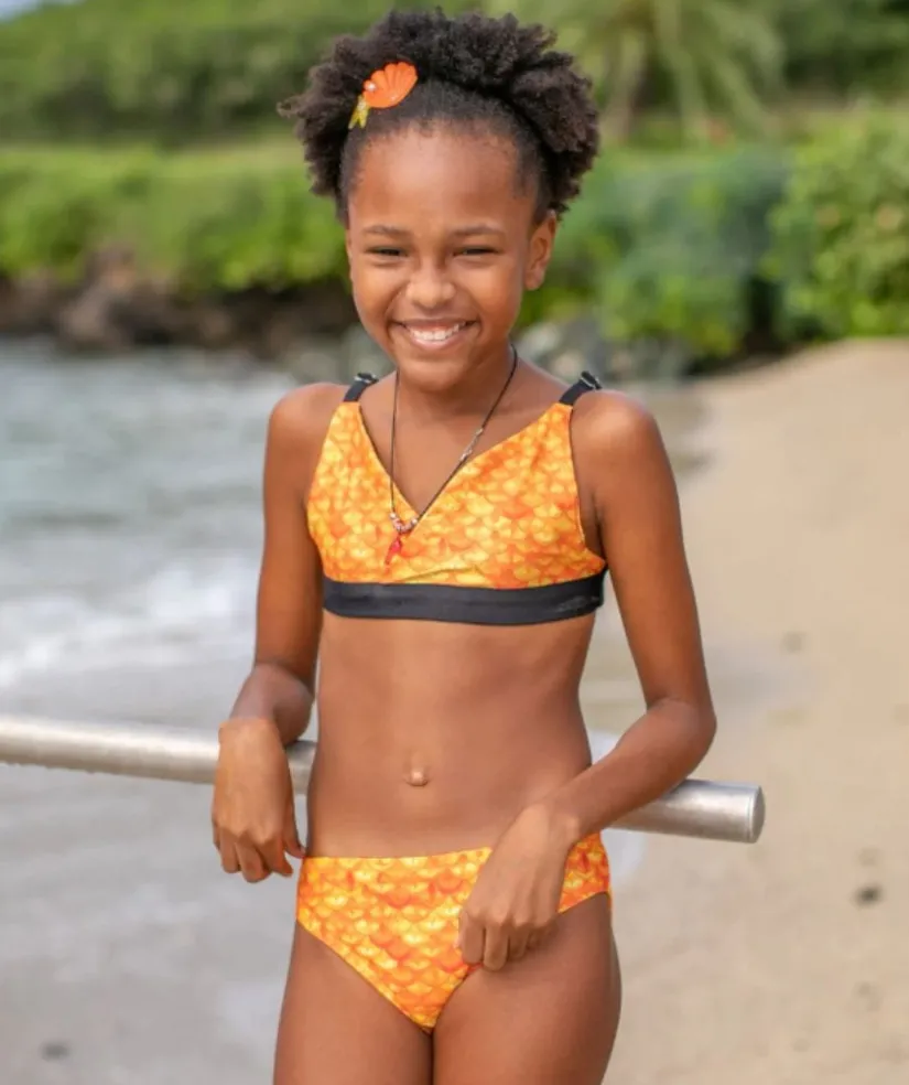 Discount Fin Fun havfrue bikini top til piger uden flæser - Tropical Sunrise