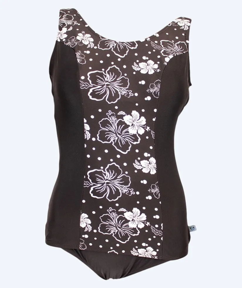 Mirou badedragt plus size til damer m. blomster - 1180s - Sort/hvid