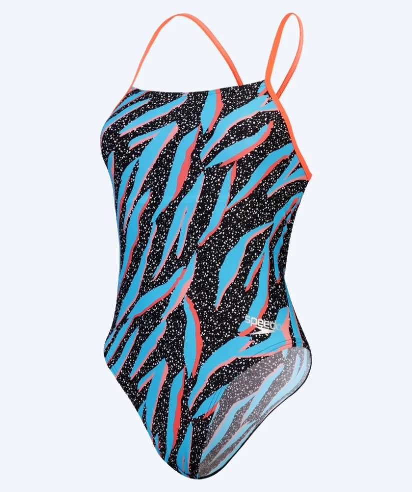Clearance Speedo badedragt til damer - Allover Digital Lattice Tie Back - Sort/blå/orange