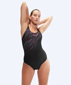 Online Speedo badedragt til damer - Placement Muscleback - Sort/lyserød