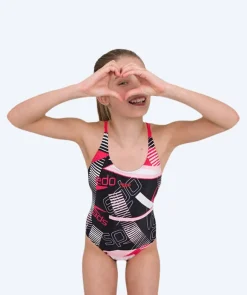 New Speedo badedragt til piger - Junglespeak Allover Tieback - Sort/rød/lyserød