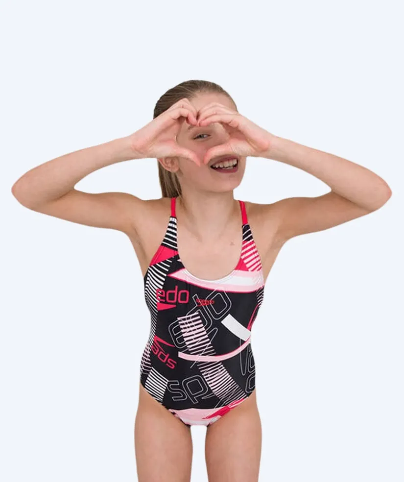 New Speedo badedragt til piger - Junglespeak Allover Tieback - Sort/rød/lyserød