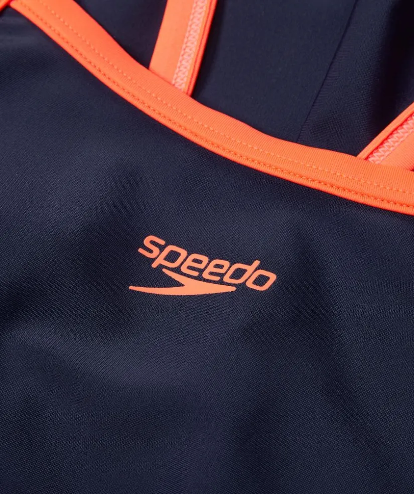 Best Speedo badedragt til piger - Plastisol Placement Muscleback - Mørkeblå/orange