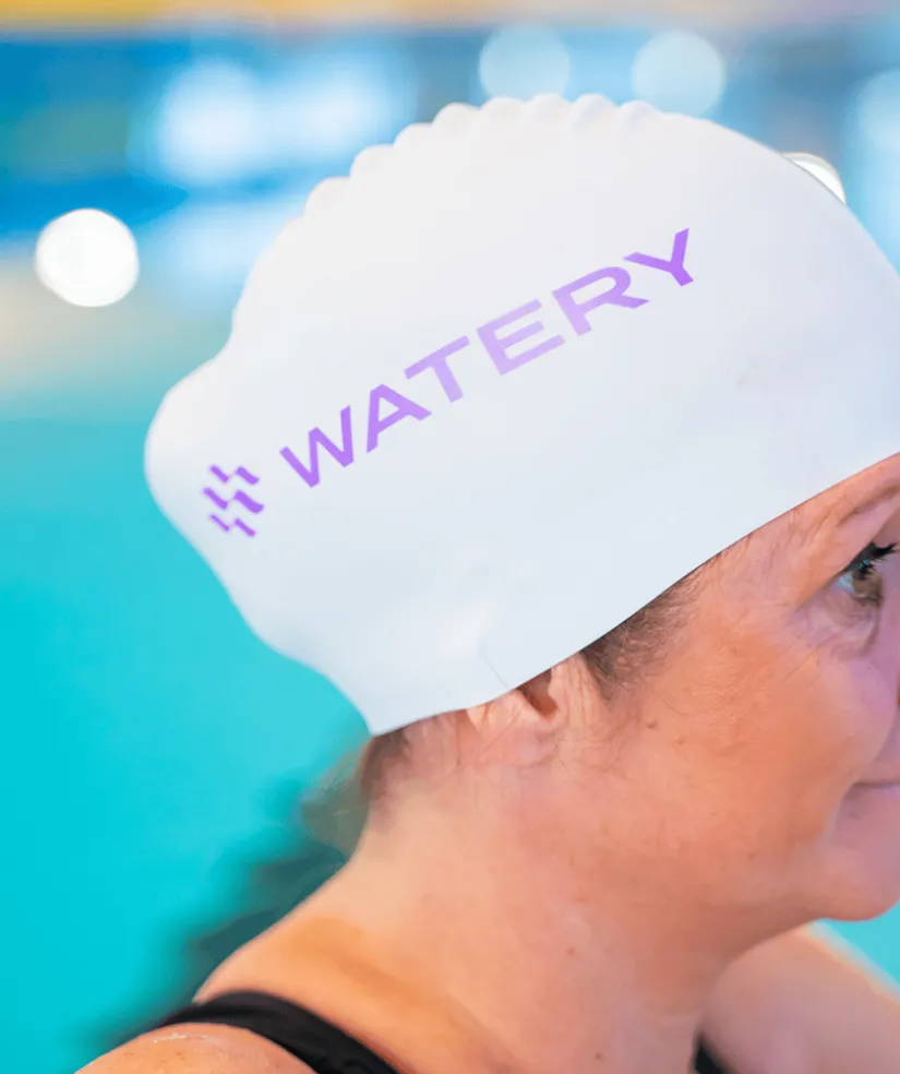 Clearance Watery badehætte - Signature Metallic - Hvid/lilla