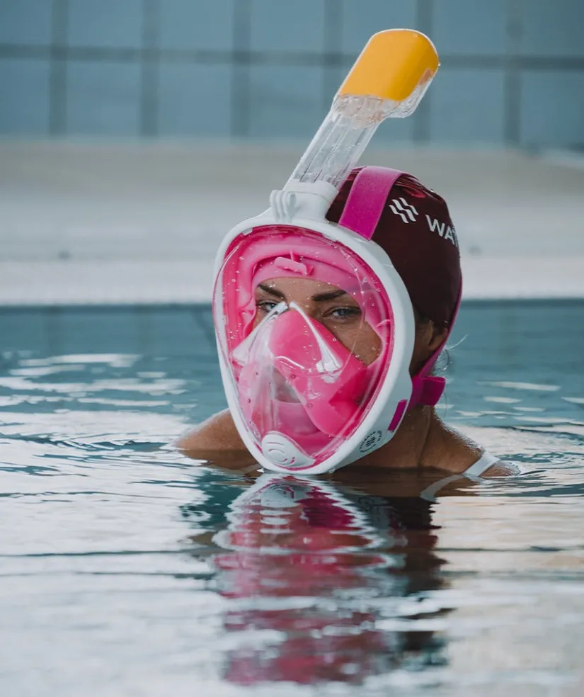 Clearance Watery fullface dykkermaske til voksne - Oxygen - Pink/gul