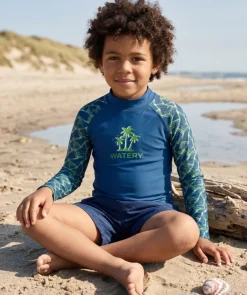 Clearance Watery UV-trøje til børn - Katsu Langærmet Rashguard - Grøn/mørkeblå