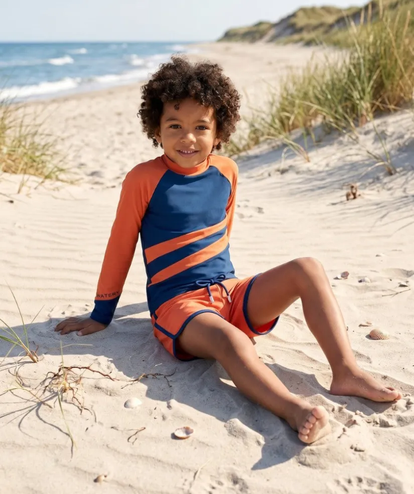 Outlet Watery UV-trøje til børn - Manami Langærmet Rashguard - Orange/blå